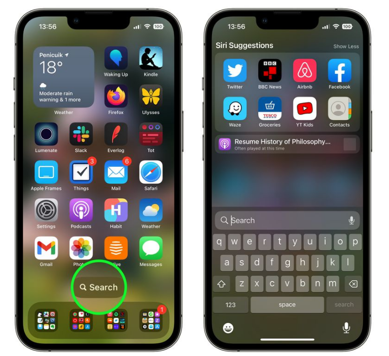伊通苹果手机维修分享升级到 iOS 16 后，如何删除主屏幕上的搜索按钮 