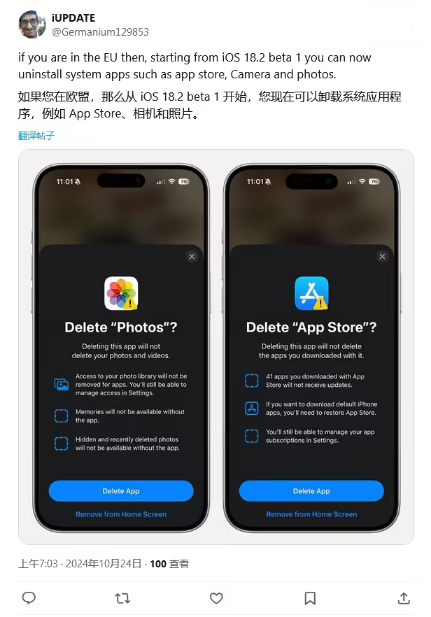 伊通苹果手机维修分享iOS 18.2 支持删除 App Store 应用商店 