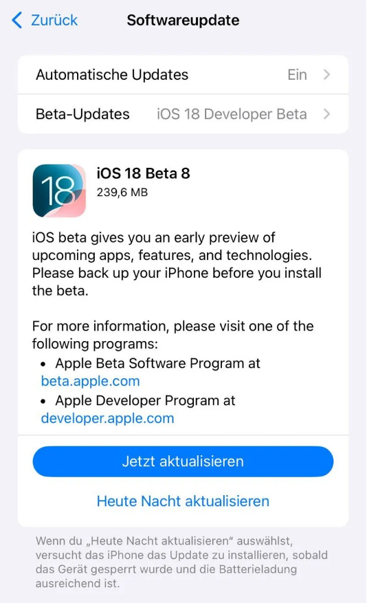 伊通苹果手机维修分享苹果 iOS / iPadOS 18 开发者预览版 Beta 8 发布 